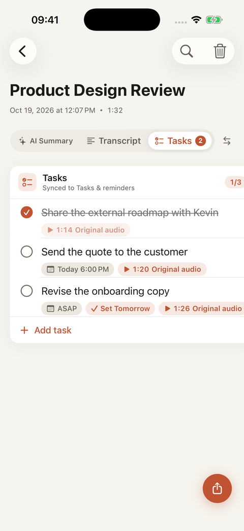 In-recording action items with timestamp replay and smart deadlines