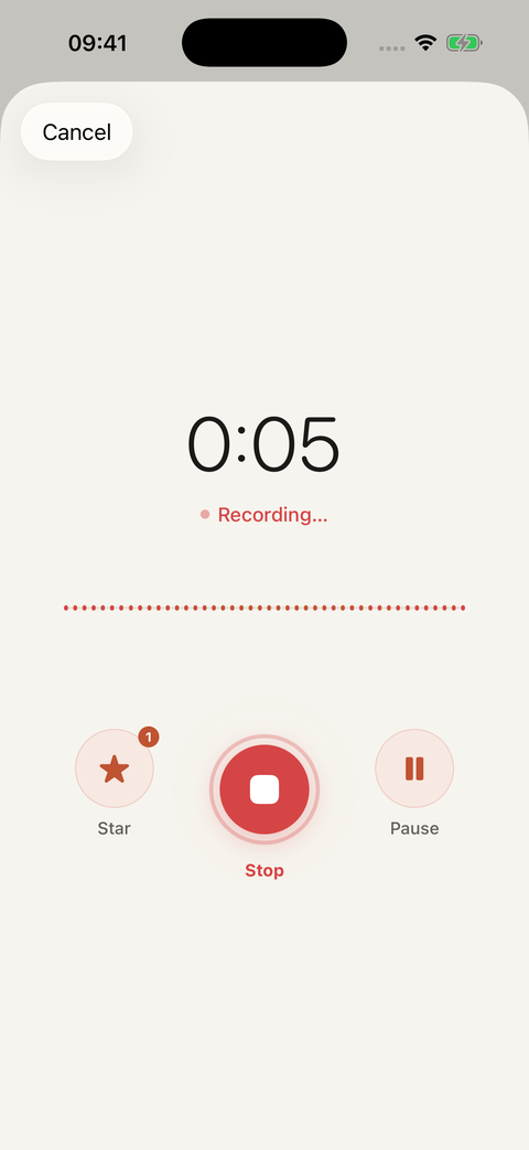 Streamlined recording screen with star bookmarks and studio controls