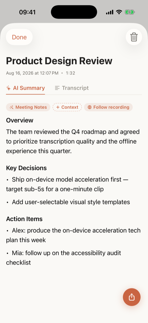 Structured summary with action items