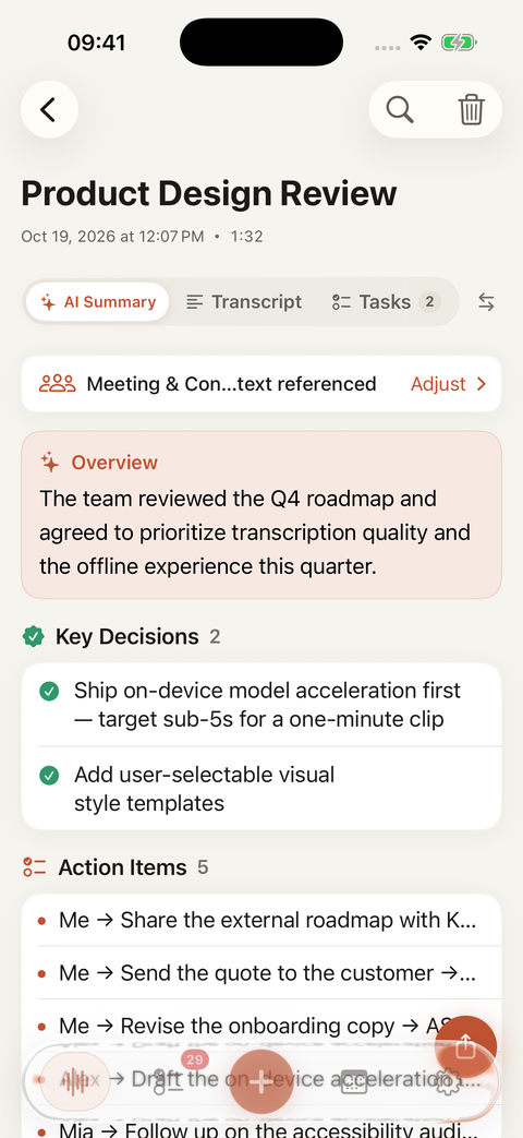 6-part structured summary and key decisions